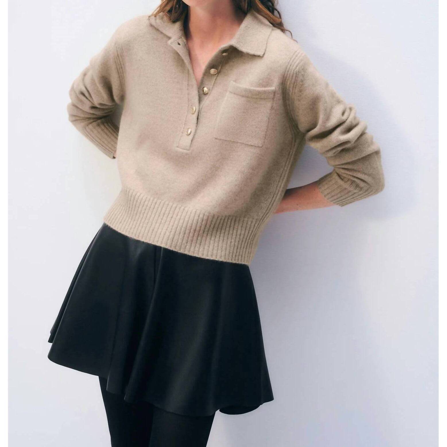 New White + Warren Cashmere Button Polo In Warm Camel